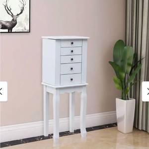 lot 18311 image: Standing Jewelry Armoire with Mirror, 5 Drawers, 8 Necklace Hooks & 2 Side Swing Doors(White) - Retail $115