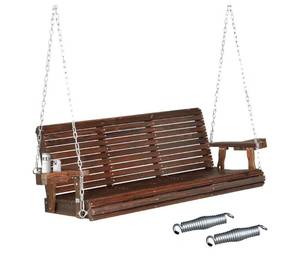 lot 18316 image: VINGLI XL 5 FT Pro Wooden Porch Swing with Cup Holders, 880 LBS, RusticHeavy-Duty Wood Frame 880-Lb Capacity Cup Holders Included Hanging Chains Included Ideal For Yard, Lawn, And Garden - Retail $289