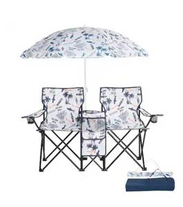 lot 18319 image: Winado - Folding Beach Chairs with Umbrella, 2-Camping Chairs with Canopy, Cooler Fold-Up Table, Carrying Bag for Adults Outdoor - Coconut Tree Patten - Retail $65