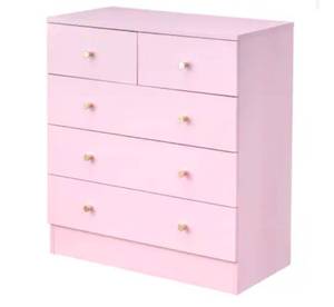 lot 18320 image: Winado - Modern 5 Drawer Dresser Tall Dresser Chest of Drawers Anti-Tipping Device Metal Handle for Bedroom Living Room Hallway - Pink - Retail $84