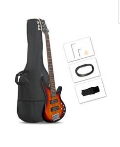 lot 18324 image: Winado - 5 String Electric Bass Guitar, Full Size Standard Right Handed Rosewood Fretboard Bass Kit with Gig Bag Strap Cable - Retail $114