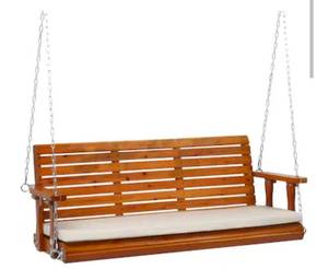 lot 18352 image: VINGLI 5 FT 3-Seater Brown Wooden Porch Swing with Adjustable Chains and Extra Cushion - Retail $171