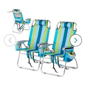 lot 18354 image: VINGLI 16-in 2 Pack Blue and Green aluminum Lightweight Beach Chair with 5-Position Cooler Bag Cup Holders and Towel Blue Bar - Retail $129