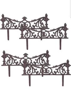 lot 18364 image: Sungmor Vintage Cast Iron Garden Border Fence, Rustic Black & 4 PackDecorative Metal Edging for Flower Bed, Patio and Yard,Heavy Duty Ornate Garden Decorative Fences - Retail $219