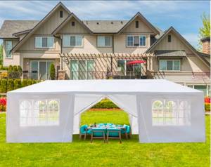 lot 18375 image: Ktaxon 10 x 30 Party Tent Wedding Camping BBQ Canopy Tent with 8 Side Walls White - Retail $169