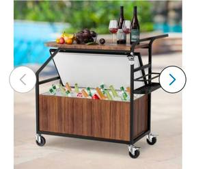 lot 18384 image: VINGLI 80 Quarts Rolling Patio CoolerIce Chest with Table for Party Deck Pool Brown - Retail $189