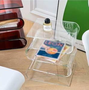 lot 18389 image: S Shaped Acrylic Side Table, Acrylic Magazine Holder Brochure Display Stand Bookcase Transparent Book Shelf Acrylic Personality Side Table for Living Room,Bathroom,Bedroom (Transparent) - Retail $219