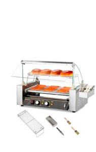 lot 18394 image: ROVSUN 7-Roller 18 Hot Dogs Capacity 1050W Sausage Grill Cooker Machine with Dual Temp Control Cover Removable Shelf LED and Drip Tray - Retail $179