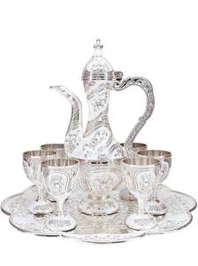 lot 18395 image: Turkish Tea Coffee Cup and Pot Set Including Teapot,Tea Tray,6 CupsVintage Metal,Service set Table Cabinet,Hip Flask Home Party Decor,Middle Eastern, Greek style - Retail $0