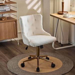 lot 18398 image: VINGLI White Teddy Fleece Armless Office Desk Chair with Gold BaseWheels, Cute VanityMakeup Chair with Back for Bedroom, Upholstered Adjustable Rolling Swivel Nail Chair for WomenGirls - Retail $65