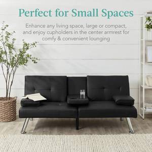 Faux Leather Upholstered Convertible Sofa Bed Futon w/ 2 Cupholders (see description/photos) RETAIL: $159.99
