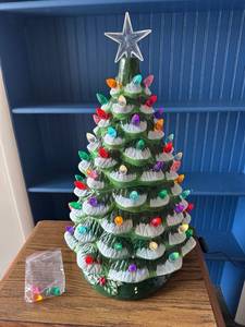 lot 110 image: XL Pre-Lit Ceramic Christmas Tree Decoration w LED Light, Timer - 24in RETAIL $114.99