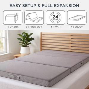 lot 114 image: 4in Portable Mattress Topper, Tri-Fold Mattress Pad - Gray RETAIL $109.99