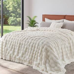 $79 Lotus Karen Faux Fur Blanket and Two Shams Cream White 108x90, King