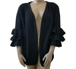 lot 195 image: Est 1946 Open Rib-Knit Double Ruffle LONG Sleeve Cardigan, 22W, Black