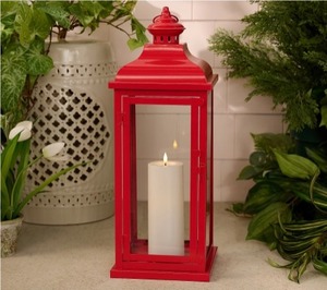 lot 1926 image: Martha Stewart 21 Metal Lantern with Candle, Red