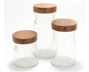 lot 1927 image: $49 Aarti Sequeira 3-Pc Glass Storage Canisters Acacia Wood Lid