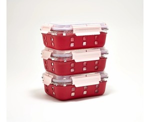 lot 1932 image: Cella 6-Cup Glass Containers with Domed Lid, Silicone Sleeve, Red