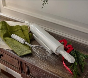 lot 1933 image: Sandra Lee 3-Piece Stamped Rolling Pin & Whisk Stoneware Set
