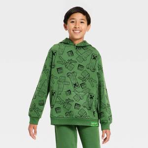 lot 1984 image: Boys Minecraft Creeper Hooded Fleece Sweatshirt - Forest Green XS