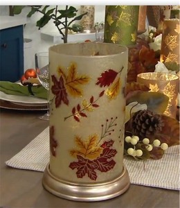 lot 2043 image: 10 Illuminated Frosted Hurricane with Harvest Design by Valerie