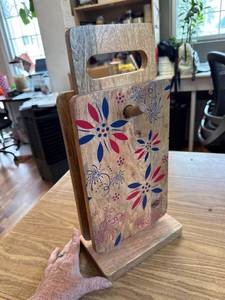lot 2071 image: Temp-tations Seasonal (2) Wood Cutting Boards with Storage Stand