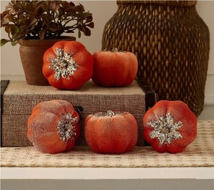 lot 2085 image: Set of 5 (3) Velvet Glitter Pumpkins by Valerie, Multicolor