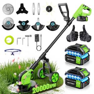 lot 1006 image: 800W Brushless Cordless Weed Wacker with Wheels, Up to 20,000 RPM, 12 4-in-1 String Trimmer, Weed Eater, Lawn Edger, Mini Mower & Brush Cutter, Foldable, 2�21V 4.0Ah Batteries, Up to 120 Min Runtime
