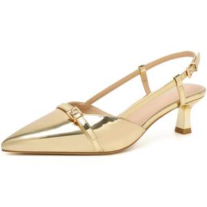 lot 1988 image: Mostrin Gold Kitten Heels for Women Low Heel Closed Pointed Toe Slingback Pumps Buckle Strap Dress Shoes for Daily Office Wedding Size 11