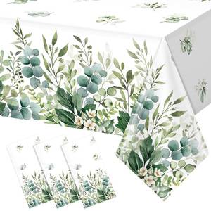 lot 2238 image: 3 Pack Spring Sage Green Baby Shower Plastic Tablecloth, Eucalyptus Leaf Disposable Table Cover, Summer Rectangle Table Cloth for Bridal Baby Shower Birthday Wedding Party Decorations, 54x108 Inch