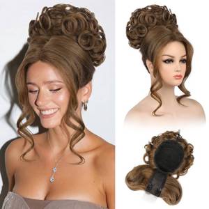 lot 2246 image: REECHO Messy Bun Hair Piece with Bangs - 2-in-1 Hair Bun Hairpieces Curly Updo Wig & Hair Topper with Long Side Bangs Natural-Looking Drawstring Ponytail Extension for Women - Chestnut Brown