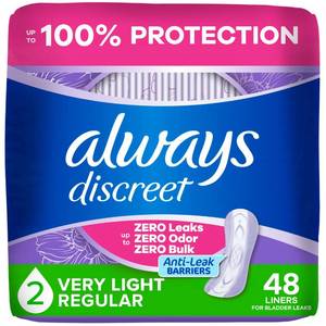 lot 2251 image: Always Discreet Incontinence Panty Liners for Women with Bladder Leaks, Size 2, Very Light Absorbency, Regular Length, Up to 100% Bladder Leak Protection 48 CT
