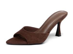 lot 2266 image: Coutgo Womens Heeled Mules Pointed Peep Toe High Heels Slip On Backless Mule Sandals Dress Shoes, Suede Chocolate, Size 7.5