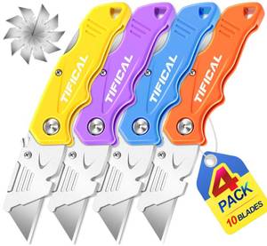 lot 2275 image: TIFICAL 4Pack Box Cutter Retractable, Folding Utility Knife with 10 Blades
