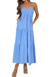 lot 4157 image: AmySister Womens Casual Summer Halter Tiered Vacation Beach Midi Dress with Pockets Azure XS