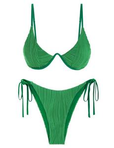 lot 4159 image: ZAFUL Womens String Bikini Sets Underwire Ribbed Cute Two Piece Swimsuit Padded Triangle Thong Bikinis Deep Green M