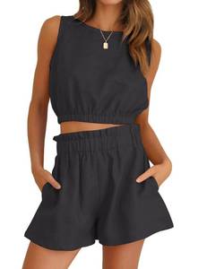 lot 4188 image: FANCYINN Women Summer 2 Piece Short Sets Sleeveless Round Neck Crop Top Tank Elastic Waistband Casual Shorts Outfits With Pocket Black XL
