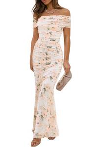 lot 4191 image: LUXVEER Womens Mesh Floral Maxi Dress 2026 Summer Off The Shoulder Ruched Bodycon Long Cocktail Party Fitted Wedding Guest Dresses Beige