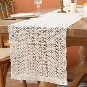 lot 4205 image: Beige Table Runner Farmhouse Table Runner 63 Inches Long Boho Fall Woven Rustic Vintage Runners with Tassels Macrame Burlap Runner for Dinning Living Room, 14x63 Inches