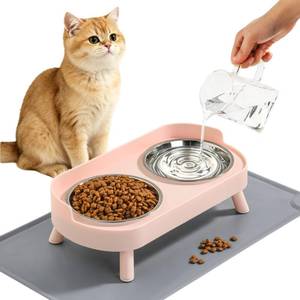 lot 8012 image: LoeJan Elevated Cat Bowl Set with Stainless Steel Bowls