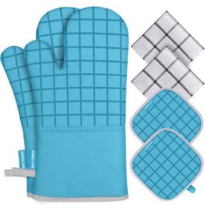 lot 20374 image: MEYONER Oven Mitts and Pot Holders Set, 500 Degree Heat Resistant, 6pc Turquoise