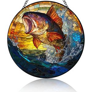 lot 4252 image: Fish Bass Stained Glass Window Hanging, Fish Piranha Suncatcher Diamond Glass Panel Hangings Scenery Sun Catchers Decor for Birthday for Women, Men, Wife, Aunt, and Mom 6.3in (1)