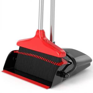 lot 5702 image: Broom with Dustpan Combo Set 54 Long Handle Adjustable Length Stainless Steel Broomstick Standing Dust Pan and Broom Set for Office Home Kitchen Lobby Floor Cleaning (Red and Black)