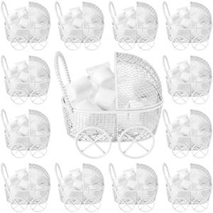 lot 5712 image: Threehoney 12 Pcs Baby Shower Mini Carriage Decoration White Goose Color Metal Wired Fillable Candy Stroller Baby Shower Table Centerpiece for Guest Gender Reveal Wedding Party Favor Gift