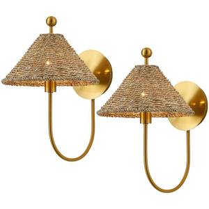 lot 5752 image: MhyTogn Boho Hand Woven Rattan Wall Scones Set of 2 Brass Wall Lamp Rustic Wall Lights for Bedside Hallway Vanity Stairway Fireplace Living Room, UL Listed