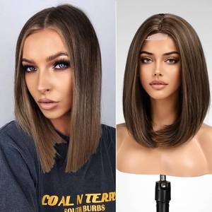 lot 6365 image: KOME Natural Brown Highlight Short Bob Wigs,Brown Straight Shoulder Length Wigs for Women,Middle Part Heat Resistant Fibre Synthetic Wig Daily Use��