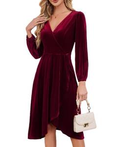 lot 6387 image: Meetjen Womens Elegant Velvet Long Sleeve Midi V Neck Dress Formal Fall High Low Christmas Evening Gown Burgundy L