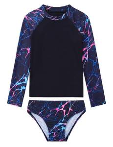 lot 6395 image: Tziharora Girls Swimsuit Size 9-10 Years Old Black Lightning Print Long Sleeve Rash Guard Set Bathing Suits