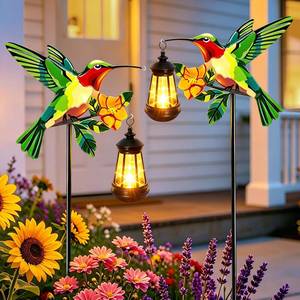 lot 6424 image: 2 Pack Solar Lights Outdoor Hummingbird Garden Stakes with Solar Lanterns