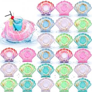 lot 6433 image: Honeydak 24 Pcs Inflatable Drink Holder Shell Drink Floats Sequin Reusable Sea Animal Cup Coasters Pool Cup Holder for Summer Swimming Party Favor Decor (Colorful,White,Pink,Blue,Green,Lake Blue)